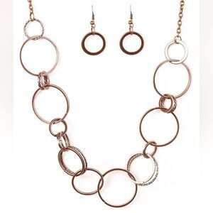 Copper Hoop Necklace & Matching Earrings Set Antique Look Casual Fashion Jewelry